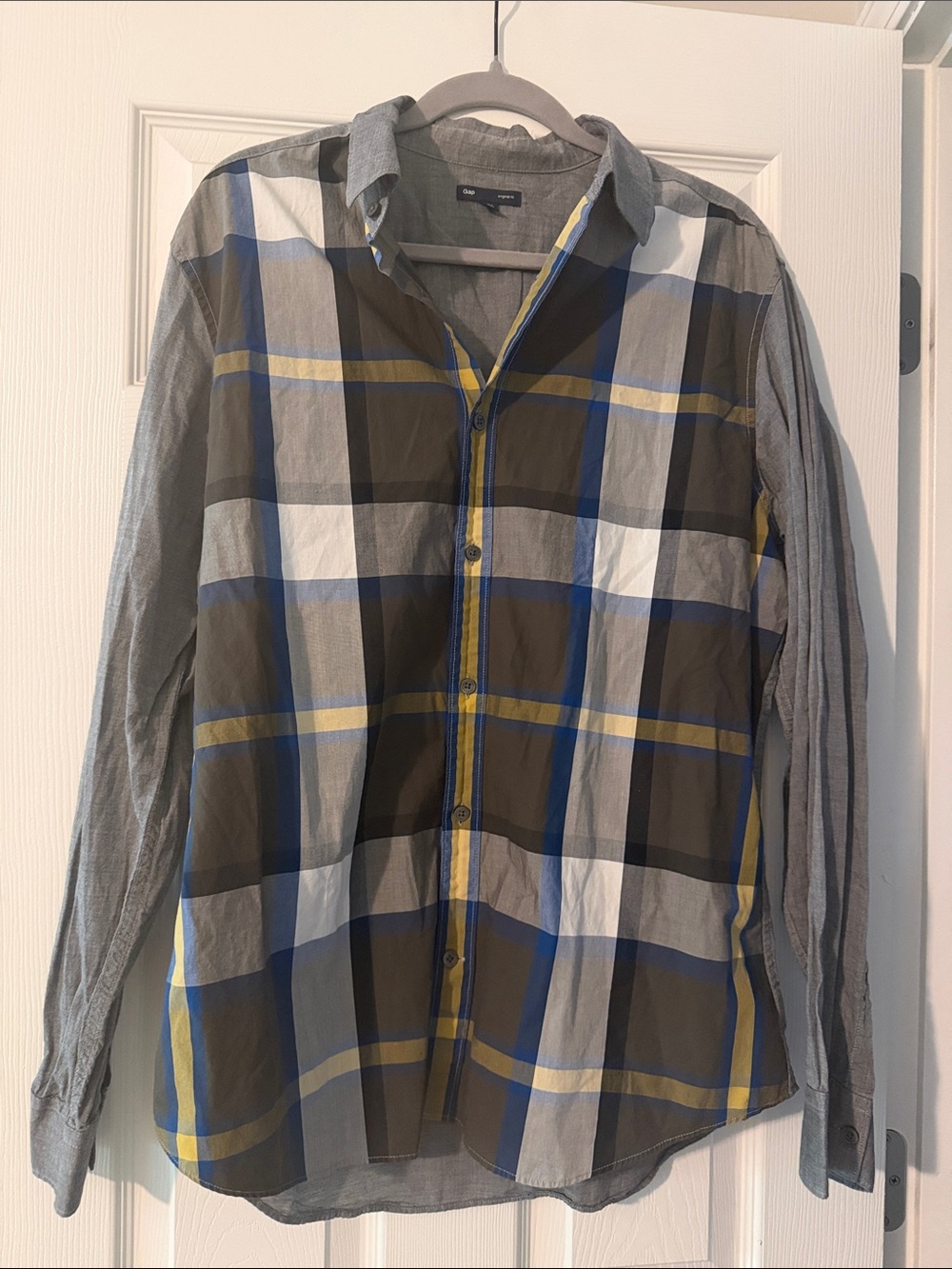 GAP Gray Plaid Shirt Jacket with Blue & Yellow Stripes
